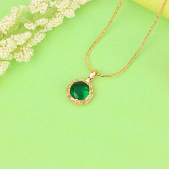 "Elegant Green Gem Pendant in Rose Gold Octagon Frame, XPPT1388 - Picture 2 of 13